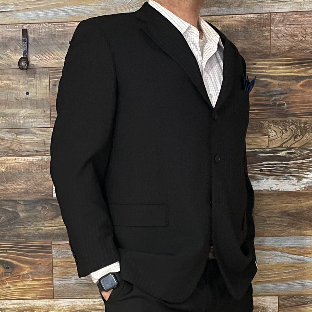 Tallia Uomo Super 100's Wool Black Striped Blazer Sport Jacket 46R